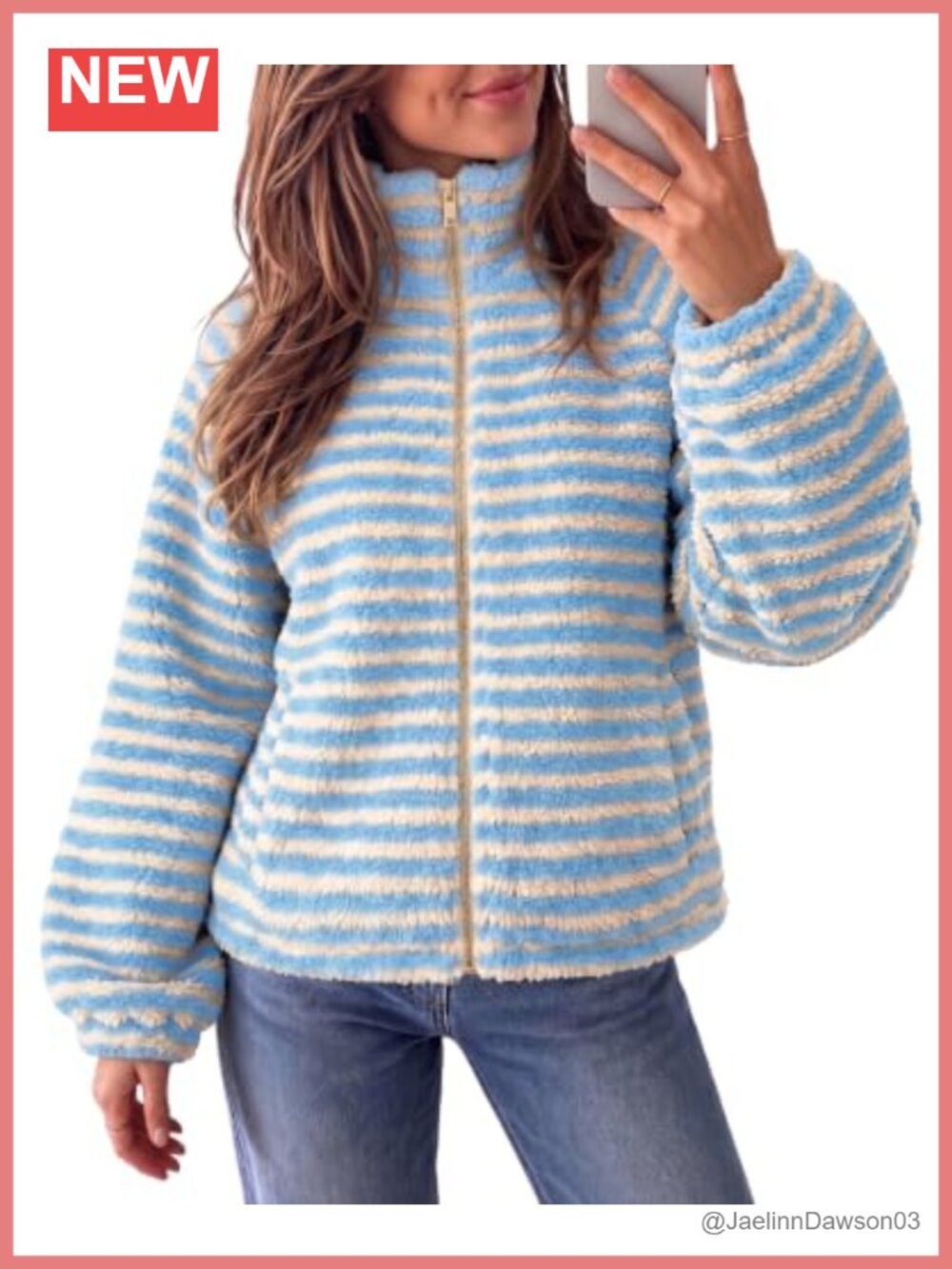 Fleece Zip Up Jacket Fuzzy Oversized Sherpa Striped Coat Loose Fit